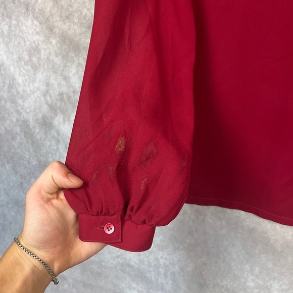 Vintage Valentina Red Blouse Size 10 Long Sleeve Pleated Tie Neck Secretary - Picture 8 of 9
